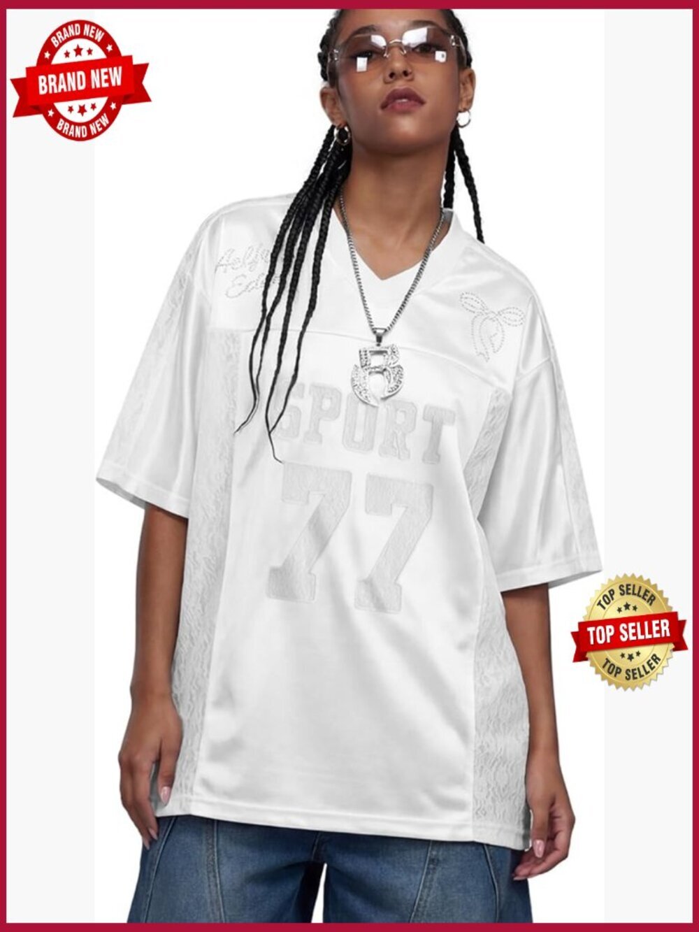 Number Print Lace Jersey V-Neck Tee Oversized Streetwear Top